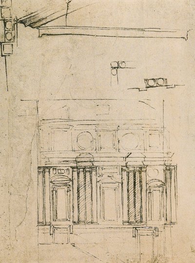 Studie für die Fassade des Ricetto der Laurentianischen Bibliothek, Zeichnung von Michelangelo. Casa Buonarroti, Florenz von Michelangelo Buonarroti